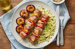 Pork Kebabs With Grilled Plums and Couscous